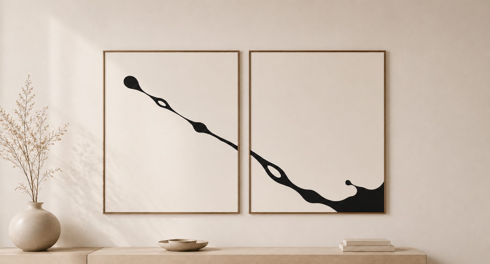 Dois quadros com gotas de tinta preta escorrendo sobre fundo claro, pendurados em uma parede bege acima de um aparador com vaso de flores secas.
