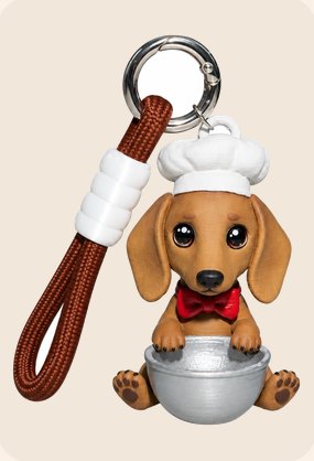 Dirce, salsichinha de chapéu de chef segurando uma tigela