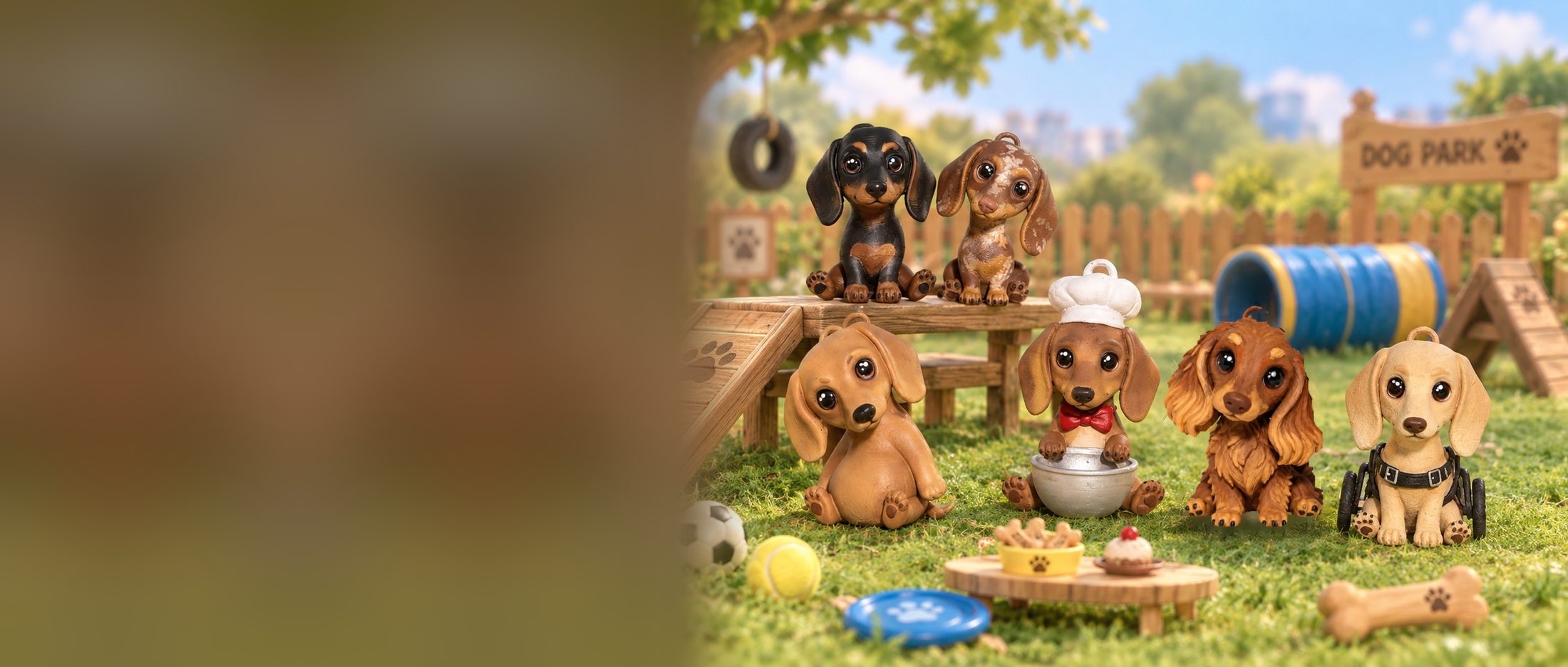 As seis salsichinhas da Salsichinhas Collection num parquinho de cachorro em miniatura