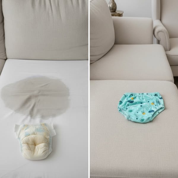 Antes y después: el sillón con pañal descartable y con Nala