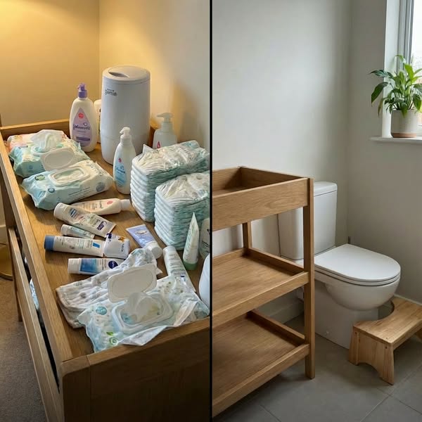 Antes y después: el cambiador lleno de descartables y el baño