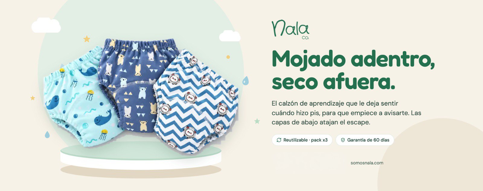Nala. Mojado adentro, seco afuera. El calzón de aprendizaje que le deja sentir cuándo hizo pis, para que empiece a avisarte. Reutilizable, pack x3. Garantía de 60 días.
