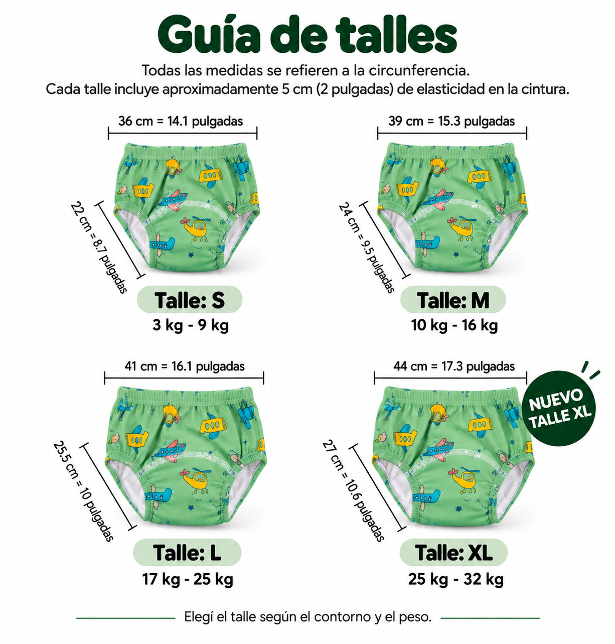 Guía de talles Nala: S de 3 a 9 kg (cintura 36 cm), M de 10 a 16 kg (39 cm), L de 17 a 25 kg (41 cm), nuevo XL de 25 a 32 kg (44 cm)