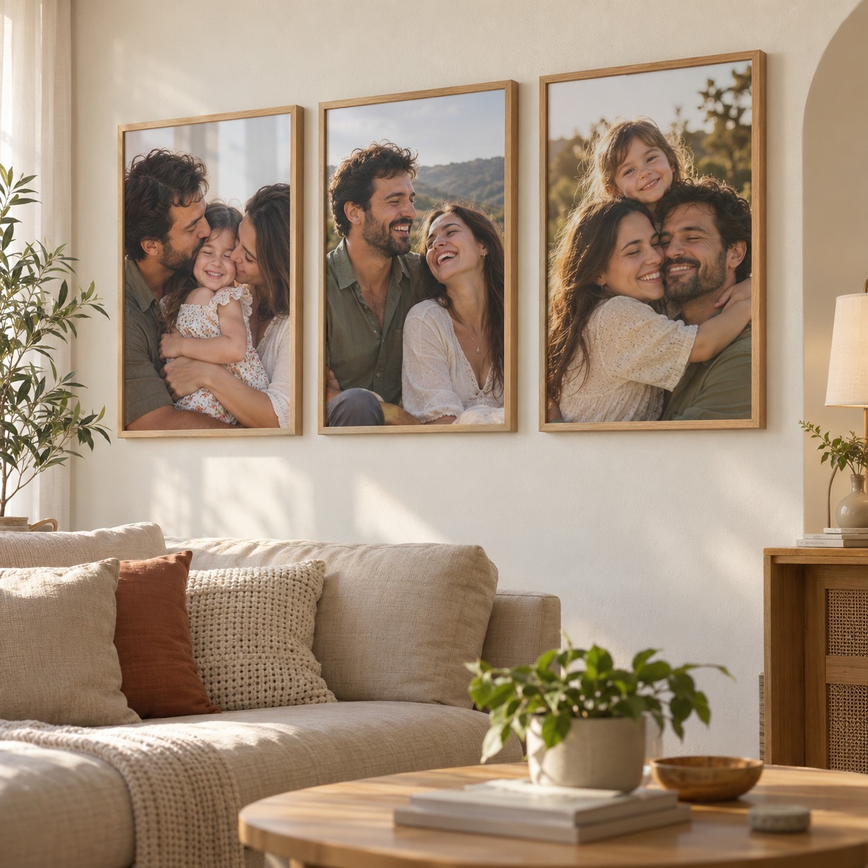 Ambientação ilustrativa com três quadros de fotos de família em molduras de madeira clara
