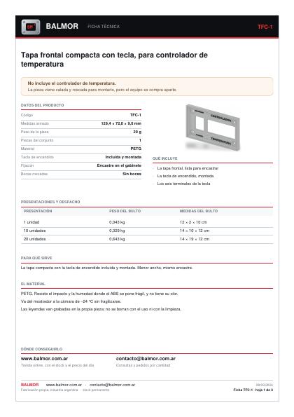 Primera hoja de la ficha de Tapa Frontal Compacta con Tecla