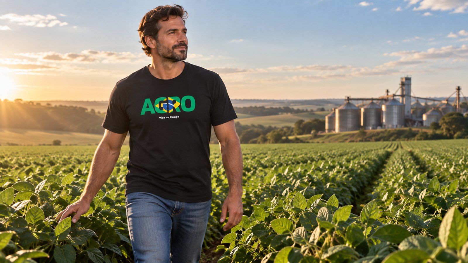 Modelo usando camiseta AGRO da Vida no Campo em uma plantação ao pôr do sol.
