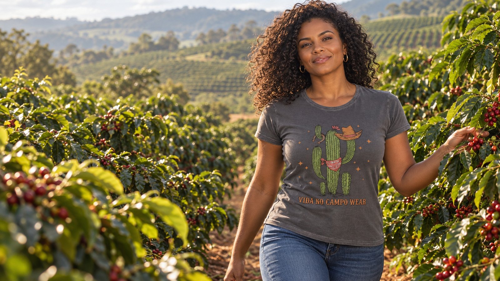 Modelo usando camiseta Vida no Campo entre os pés de café.