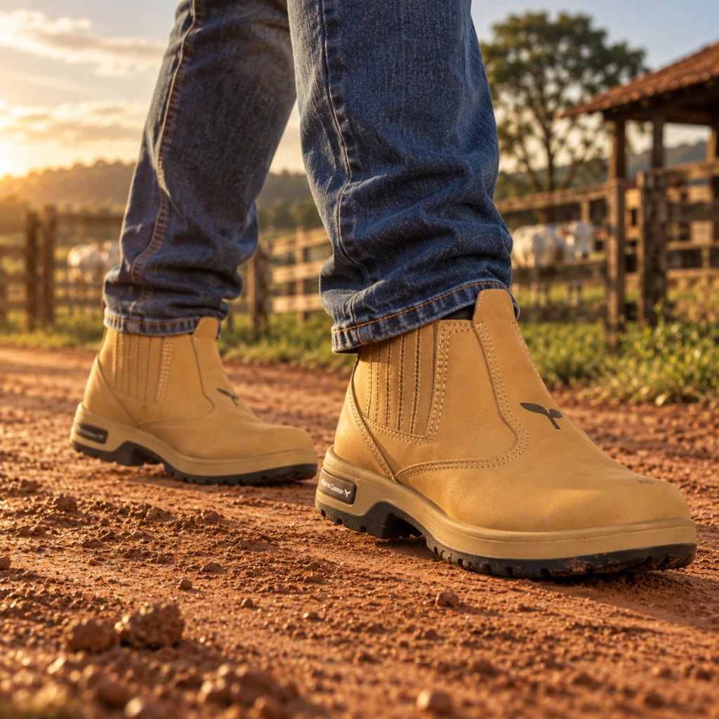 Botas Vida no Campo em um cenário rural ao pôr do sol.