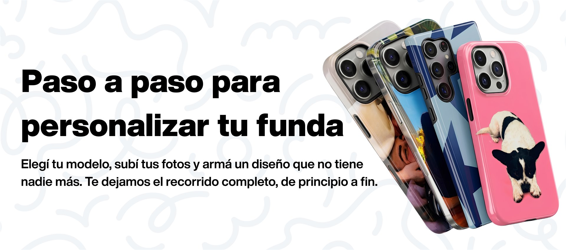 Paso a paso para personalizar tu funda. Elegí tu modelo, subí tus fotos y armá un diseño que no tiene nadie más.