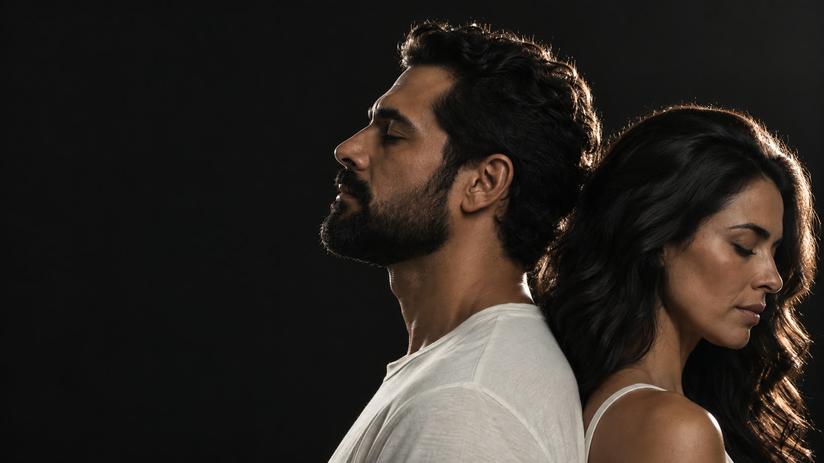 Homem e mulher de costas um para o outro, cabelo escuro, fundo preto