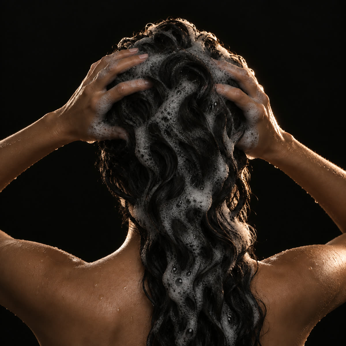 Espuma escura do shampoo sobre o cabelo