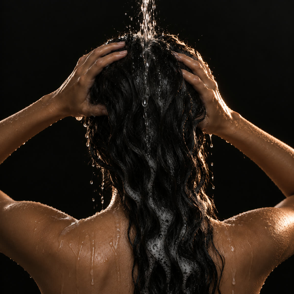 Água escorrendo do cabelo escuro no enxágue