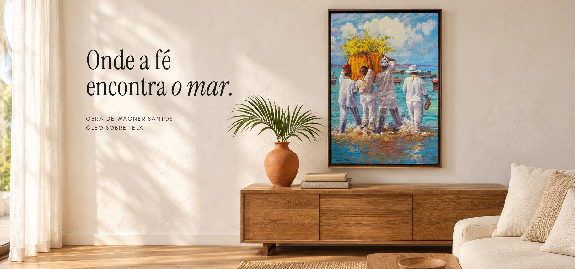 Onde a fé encontra o mar. Obra de Wagner Santos, óleo sobre tela.