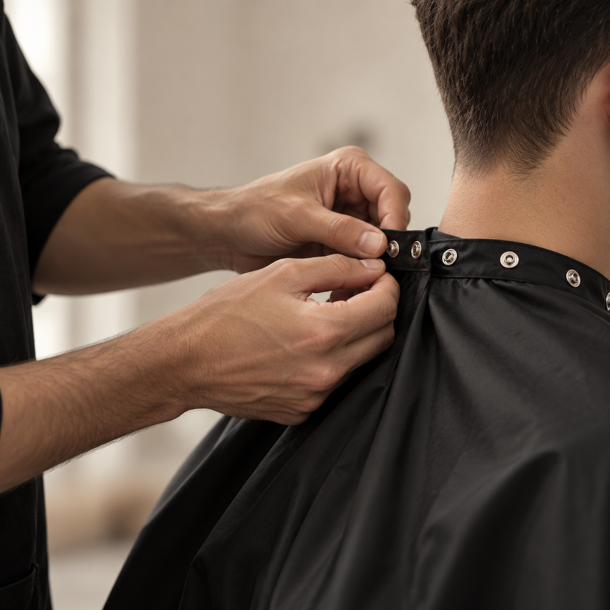 Manos ajustando una capa de corte con broches