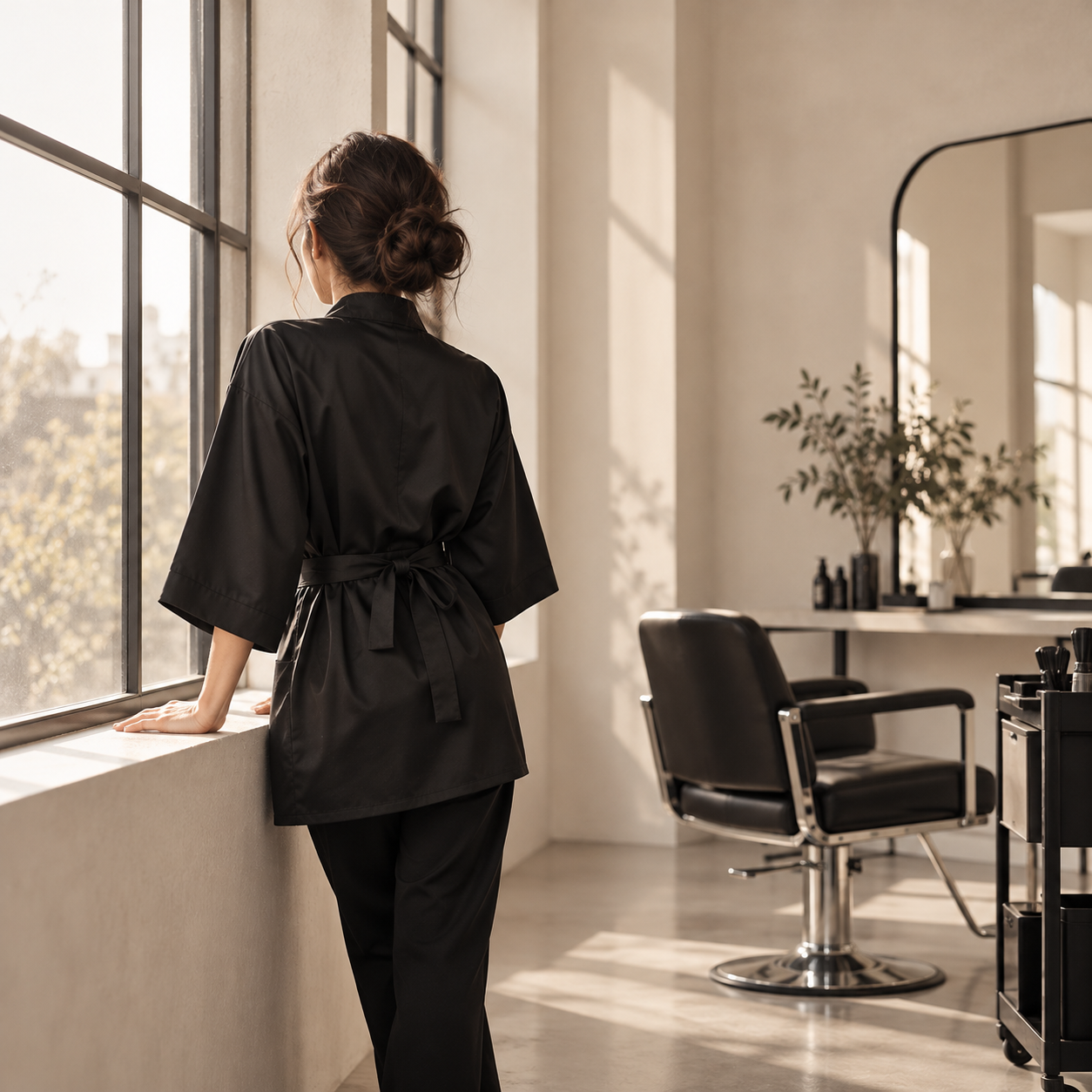 Profesional con uniforme en un salón de peluquería