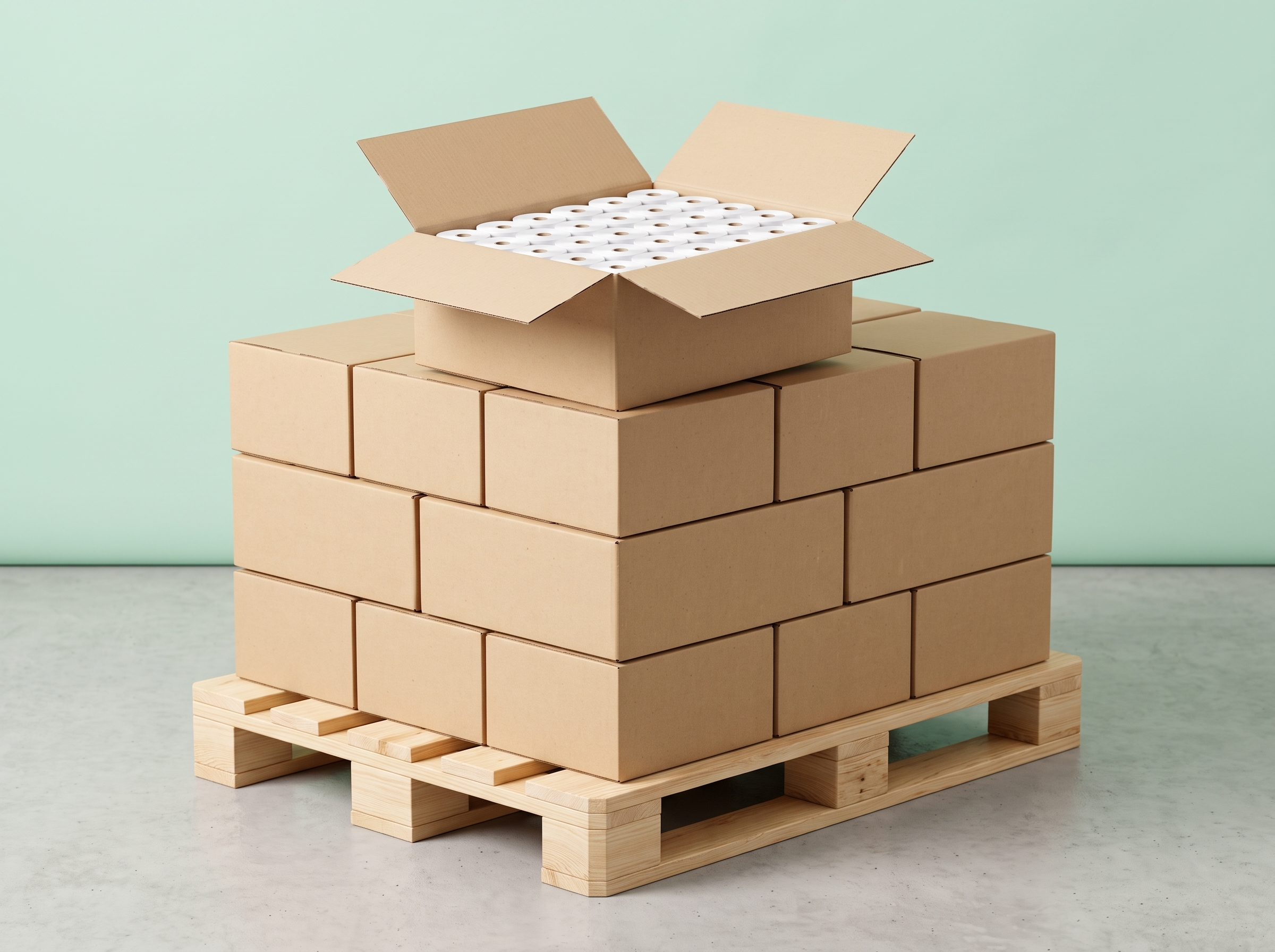 Caixas de bobinas de papel sobre um pallet