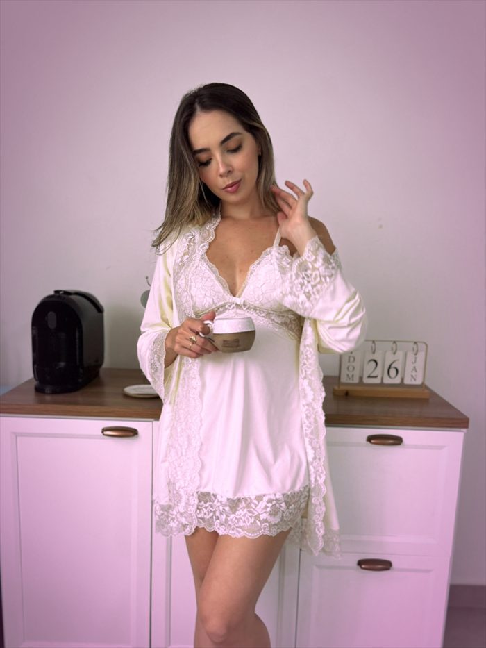 Conjunto Robe + Camisola Paixão Off-white