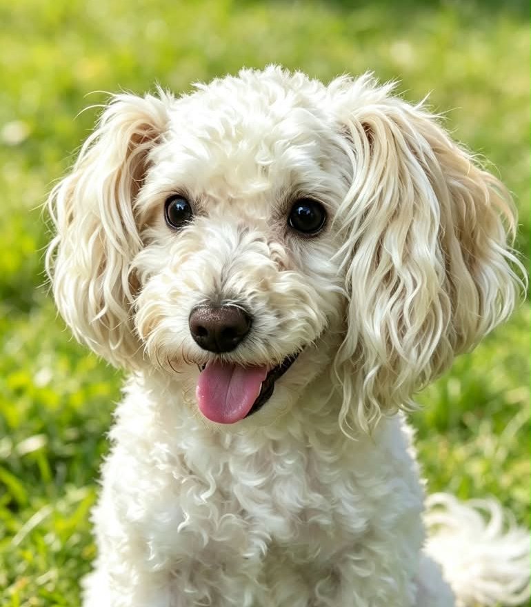 Una perrita blanca de pelo enrulado sentada en el pasto