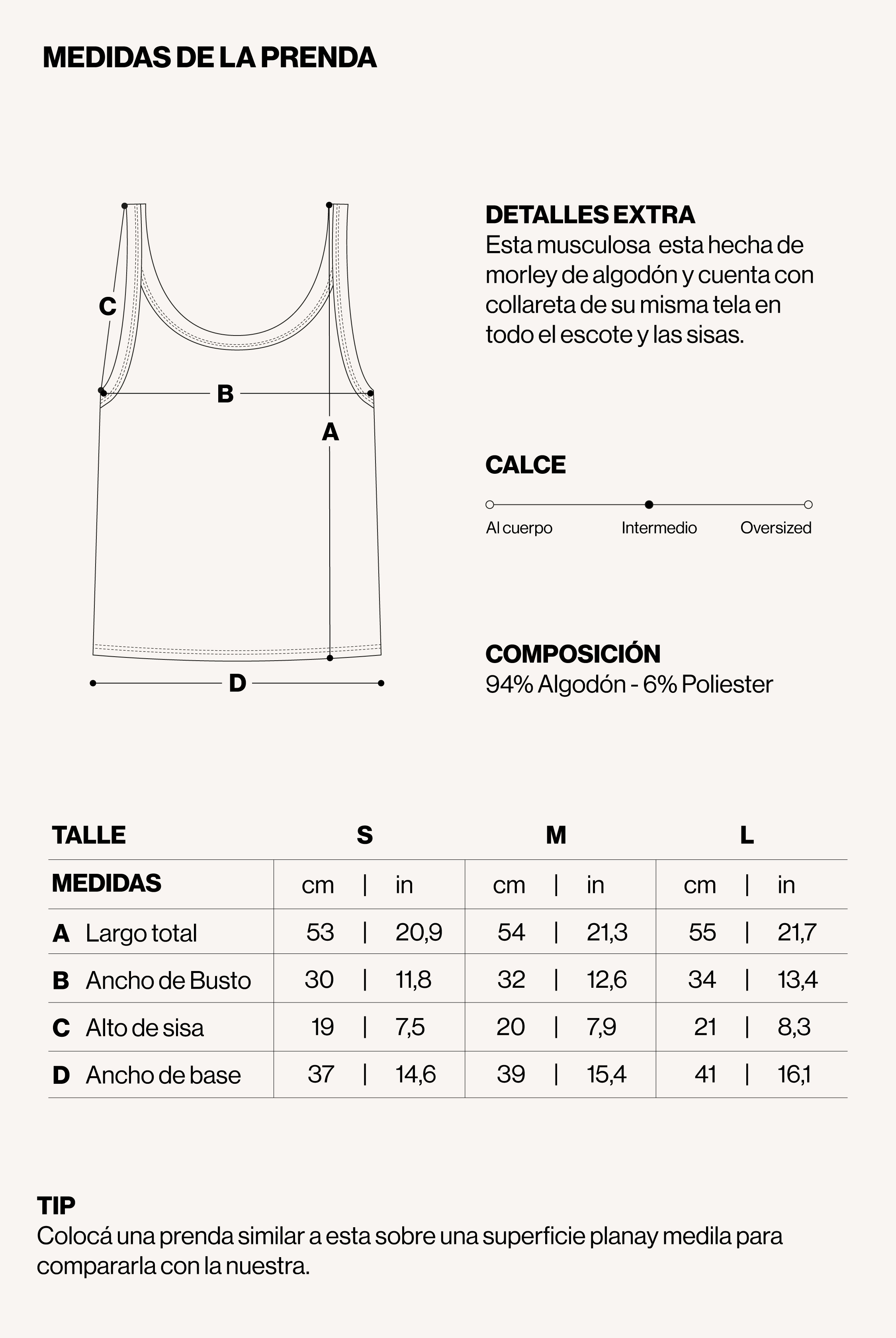 Medidas de la prenda de MUSCULOSA KAIA CELESTE