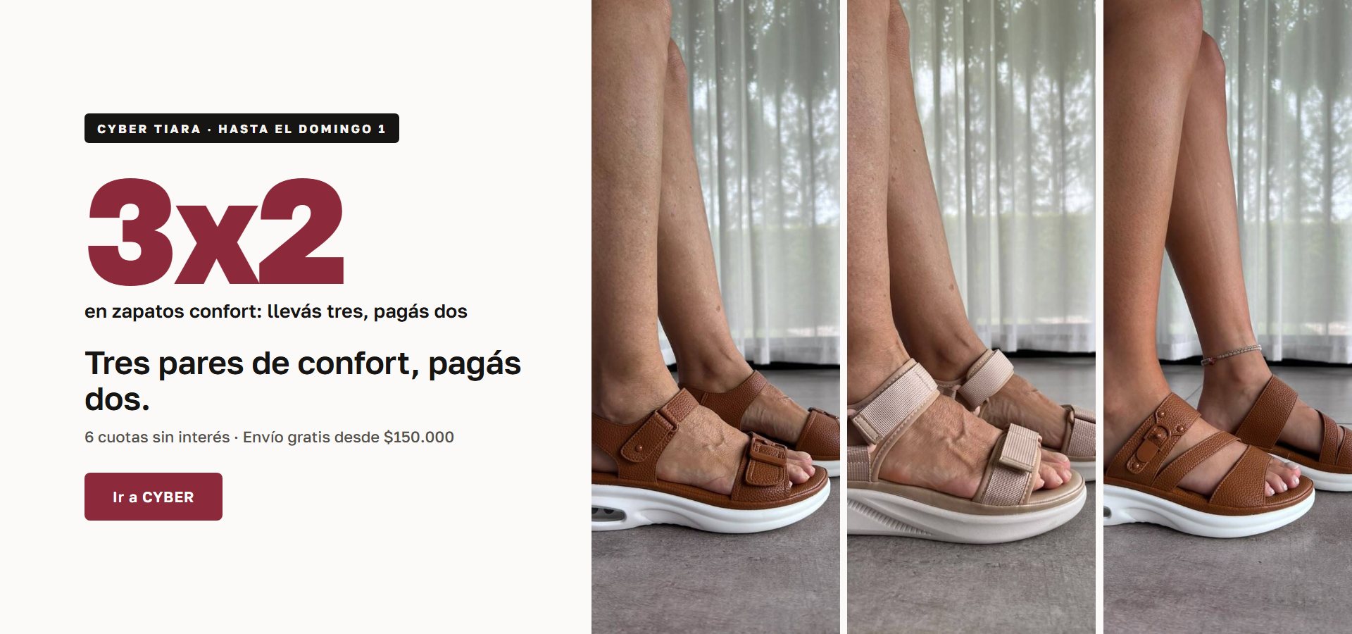 Cyber Tiara hasta el domingo 1: 3x2 en zapatos confort, 6 cuotas sin interés y envío gratis desde $150.000