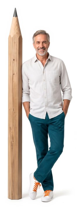 Un hombre sonriente, apoyado en un lápiz de madera gigante, más alto que él
