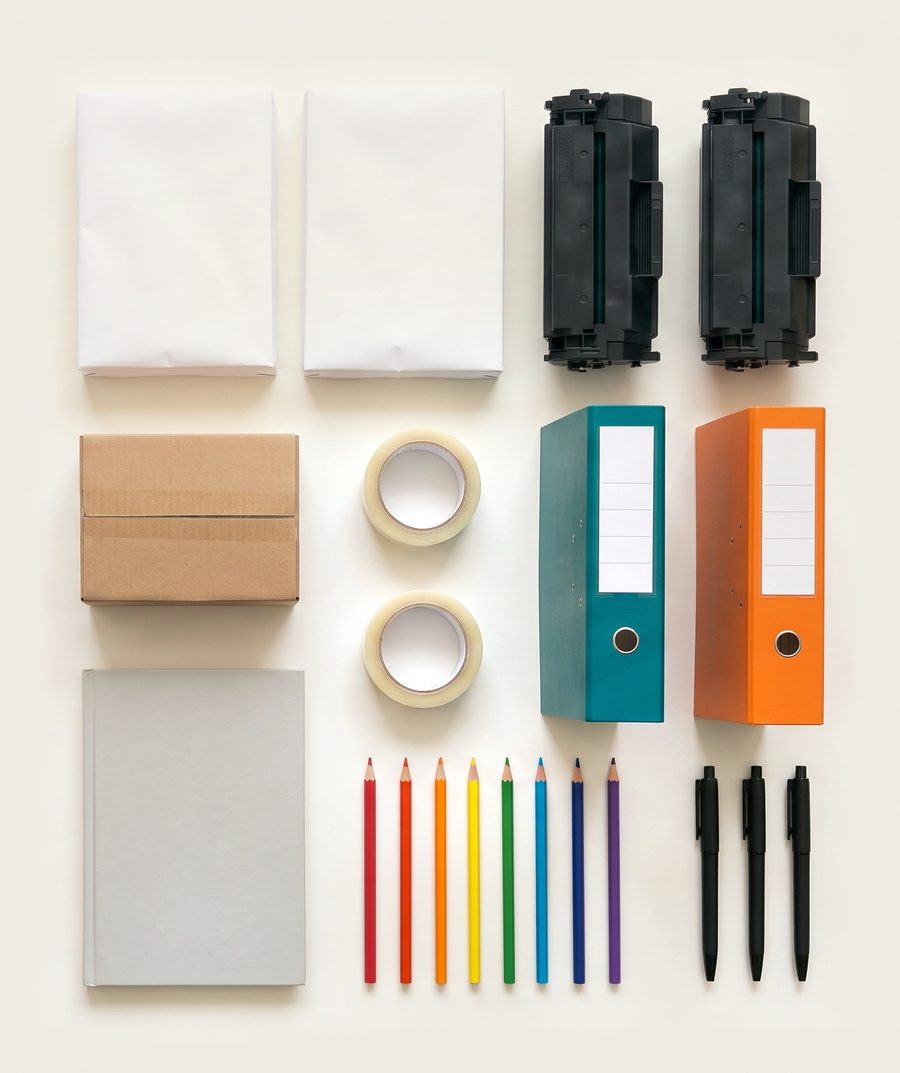 Resmas, cartuchos de tóner, una caja, cintas, biblioratos, un cuaderno, lápices y bolígrafos ordenados sobre papel