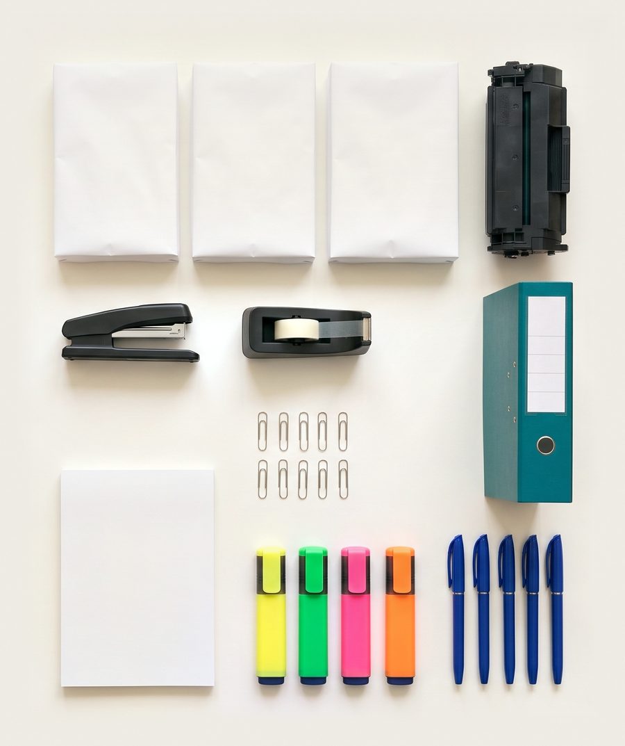 Resmas, un cartucho de tóner, abrochadora, portacinta, clips, bibliorato, resaltadores y bolígrafos sobre papel