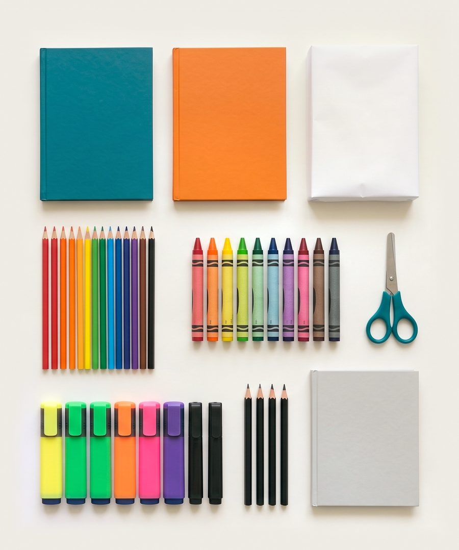 Cuadernos, una resma, lápices de colores, crayones, tijera, marcadores y lápices negros sobre papel