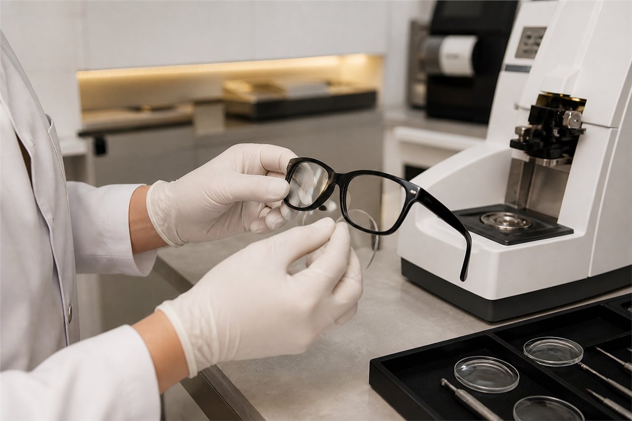 Processo ilustrativo de montagem de lentes em uma armação