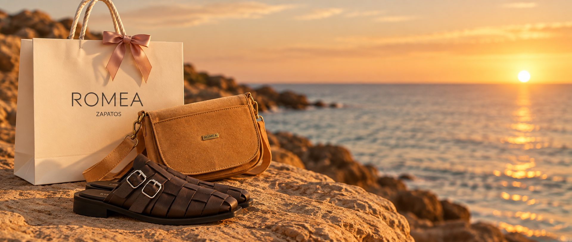 Bolsa de regalo Romea con una cartera de gamuza y sandalias de cuero sobre las rocas al atardecer
