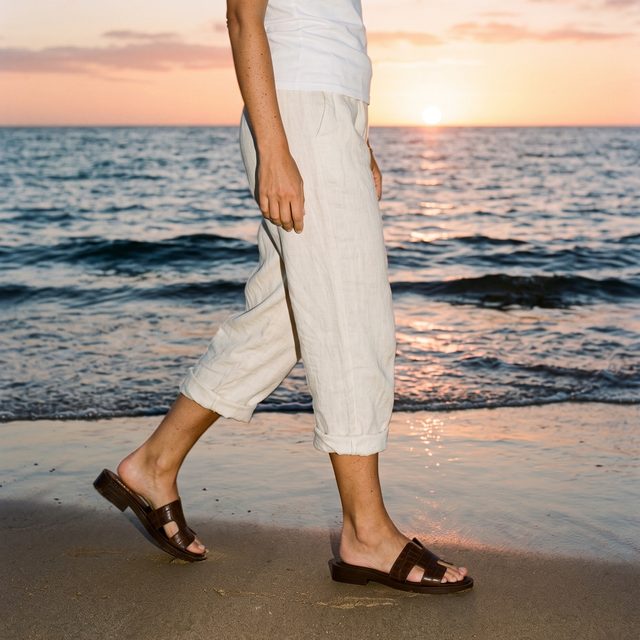 Sandalias Santina en la orilla al atardecer