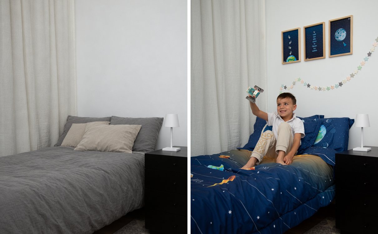 Antes: un cuarto gris y apagado. Después: el mismo cuarto con el kit Sistema Solar de TORI