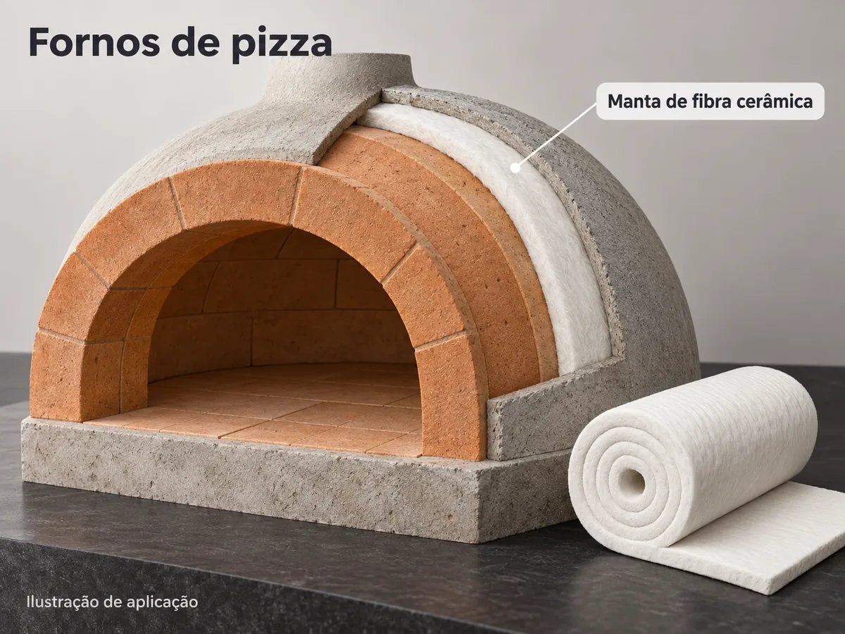 Forno de pizza em corte, com a manta de fibra cerâmica sobre a cúpula de tijolos