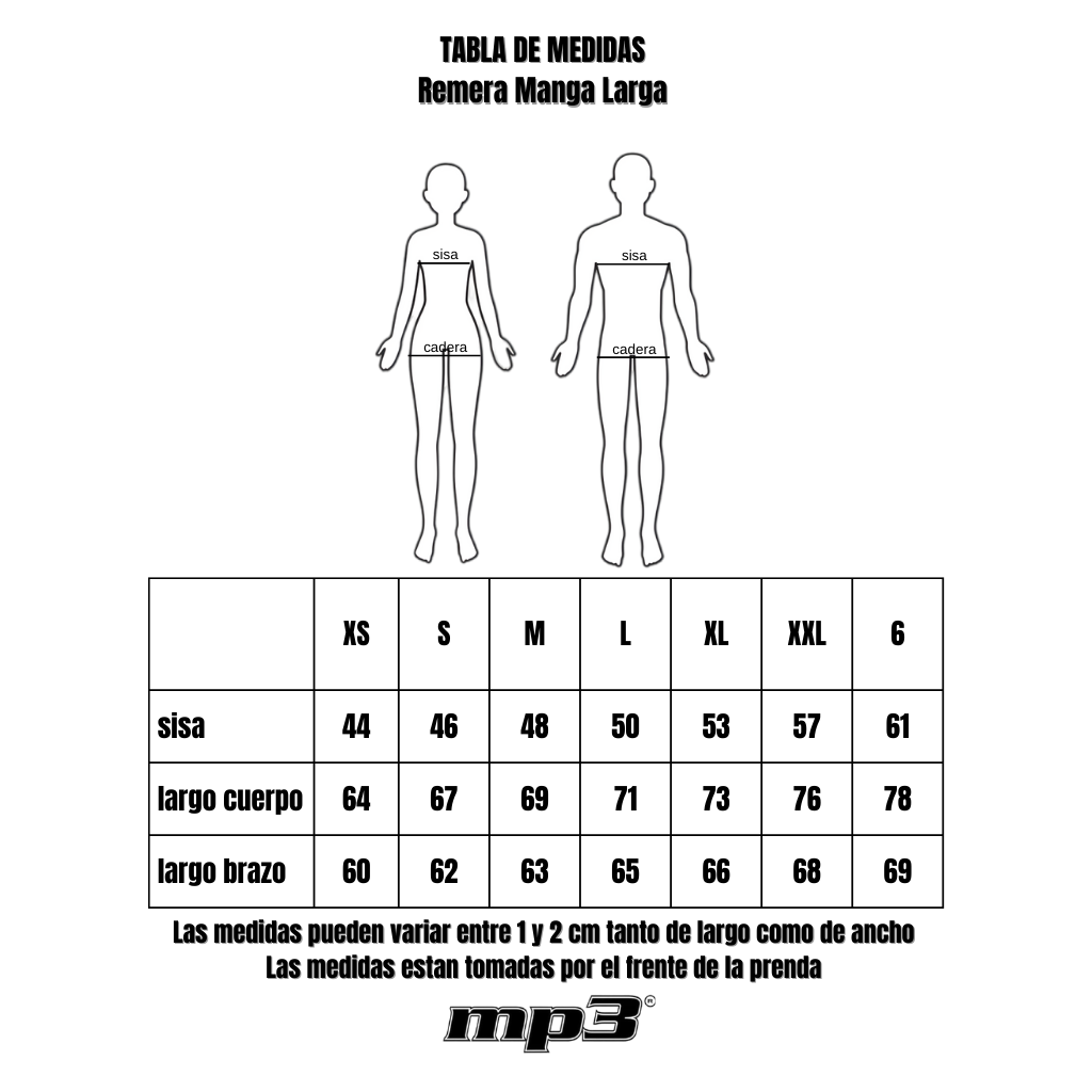 Tabla de medidas de Remera Manga Larga x Unidad