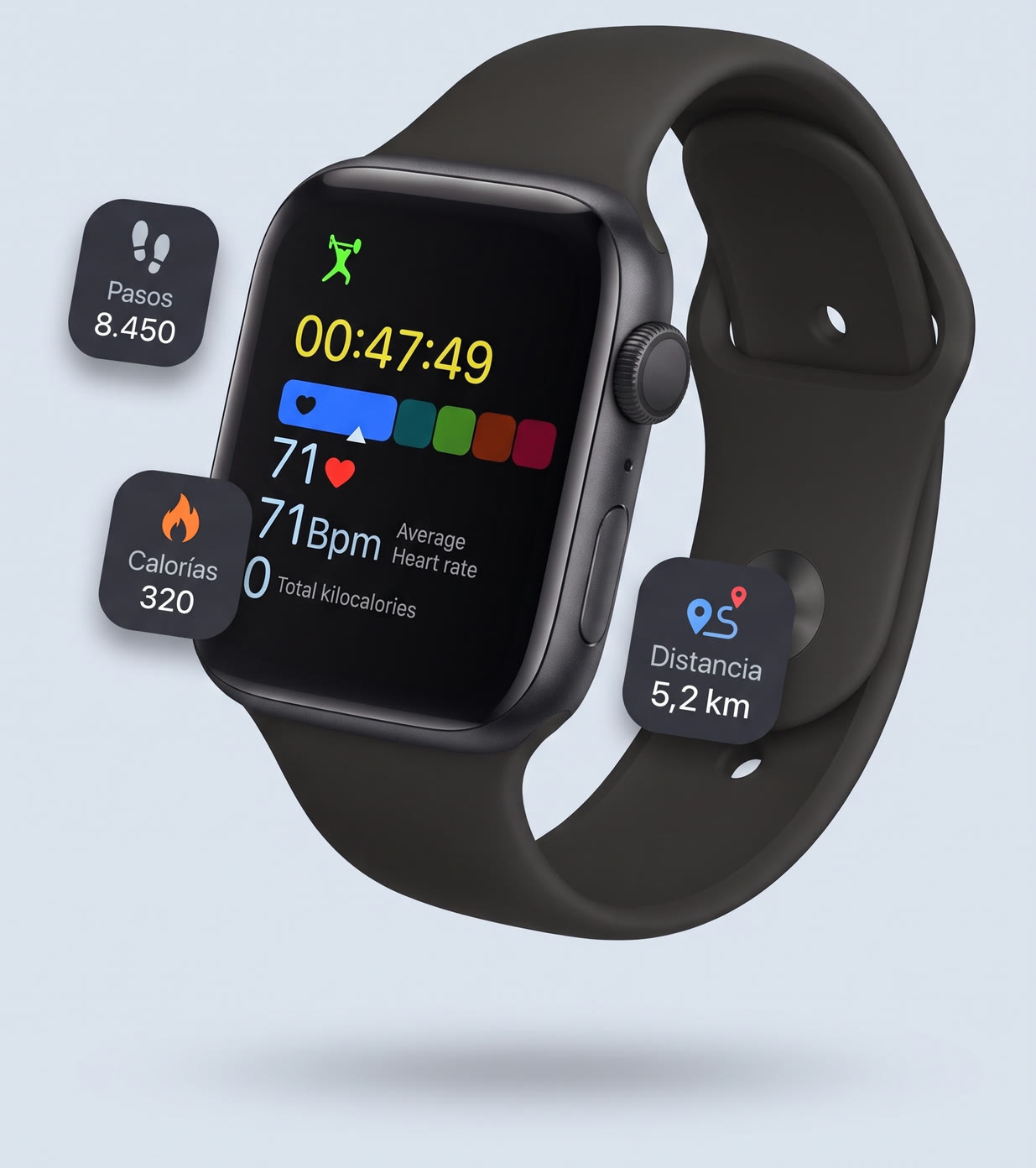 Smart Fenix con la esfera de actividad y los datos de pasos, calorías y distancia