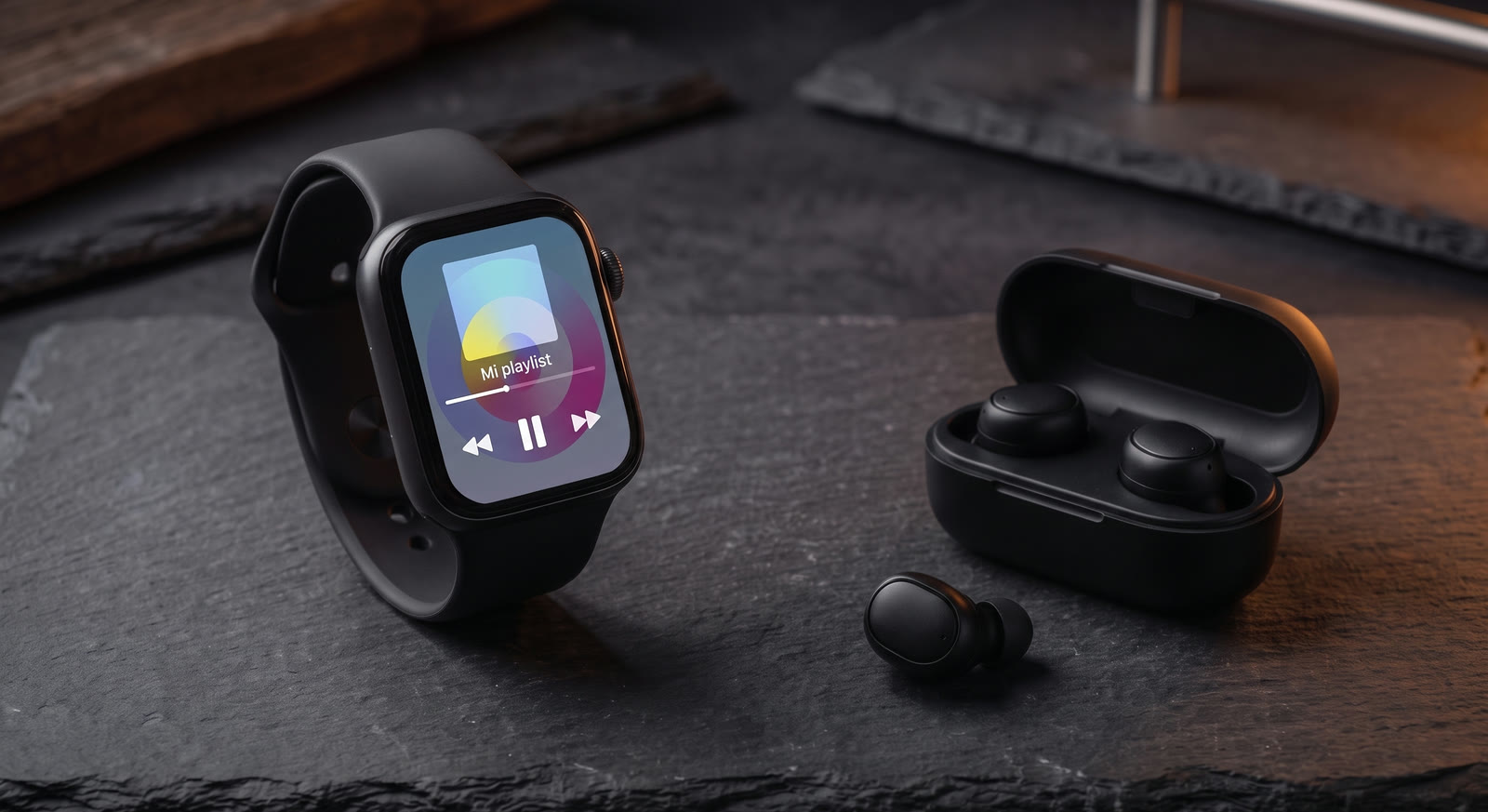 Smart Fenix con el reproductor de música junto a auriculares Bluetooth