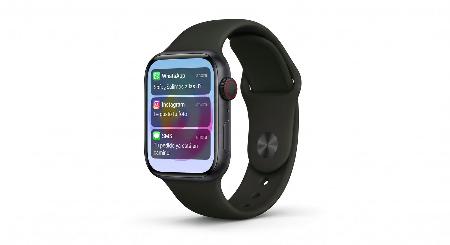 Notificaciones de WhatsApp, Instagram y SMS apiladas en la pantalla del Smart Fenix