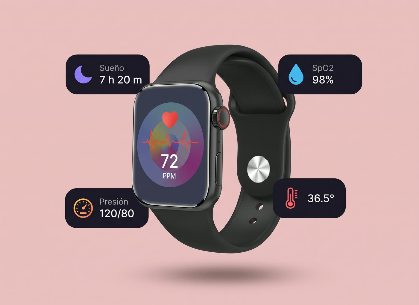 Smart Fenix midiendo el ritmo cardíaco, con presión, SpO2, sueño y temperatura