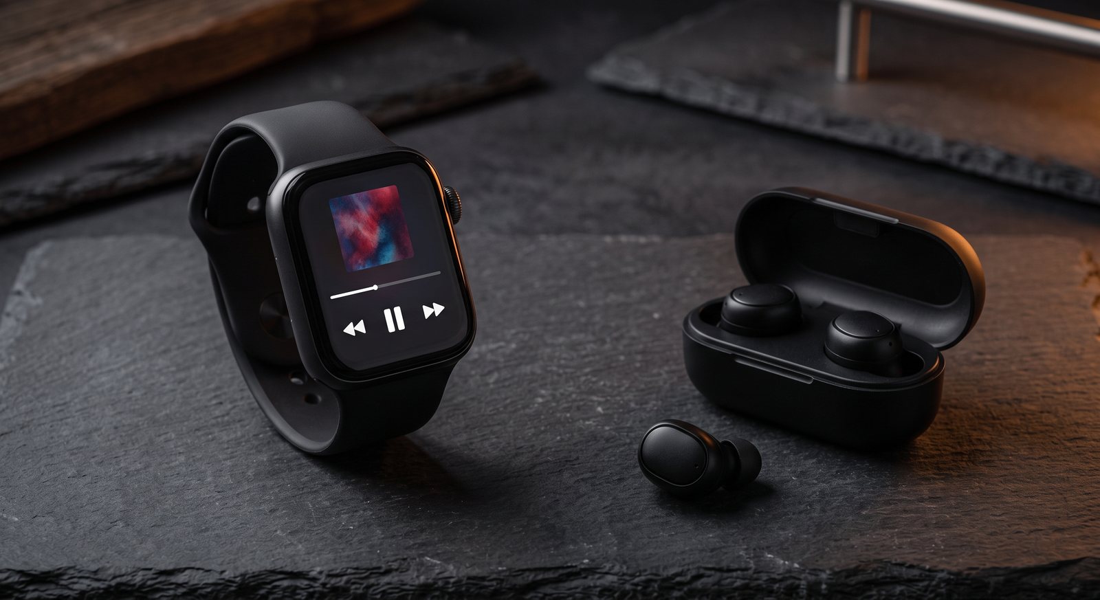 Smart Message con reproductor de música junto a auriculares Bluetooth