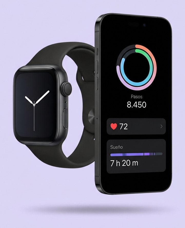 Smart Message junto a un teléfono con la app M Active Pro mostrando pasos, ritmo y sueño